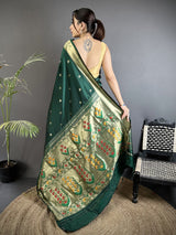 Dista Elora Green Lichi Silk Floral Ikat Motifs Zari weaving Paithani Saree, view 3