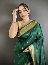 Dista Elora Green Lichi Silk Floral Ikat Motifs Zari weaving Paithani Saree, view 4