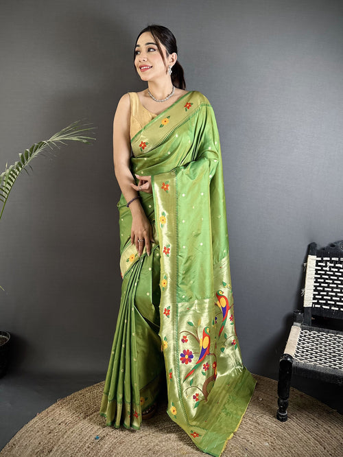 Dista Elora Green Lichi Silk Parrot & Floral Woven Design Zari Weaving Paithani Saree