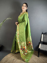 Dista Elora Green Lichi Silk Parrot & Floral Woven Design Zari Weaving Paithani Saree, view 2