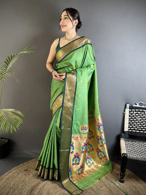 Dista Elora Green Lichi Silk Peacock Ethnic Motifs Zari Woven Paithani Saree