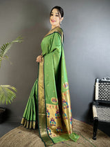 Dista Elora Green Lichi Silk Peacock Ethnic Motifs Zari Woven Paithani Saree, view 2