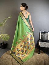 Dista Elora Green Lichi Silk Peacock Ethnic Motifs Zari Woven Paithani Saree, view 3