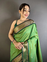 Dista Elora Green Lichi Silk Peacock Ethnic Motifs Zari Woven Paithani Saree, view 4