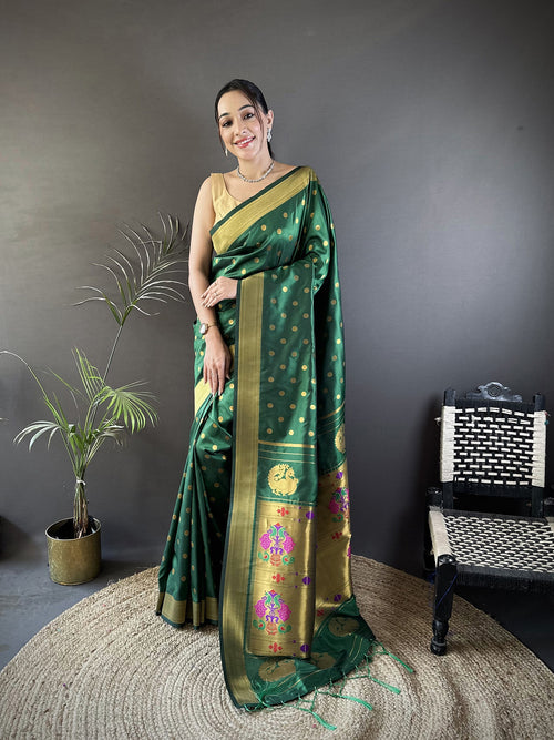 Dista Elora Green Lichi Silk Peacock & Floral Motis Zari Weaving Paithani Saree