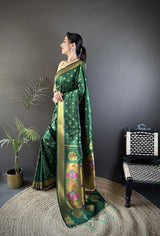 Dista Elora Green Lichi Silk Peacock & Floral Motis Zari Weaving Paithani Saree, view 2