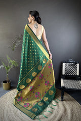 Dista Elora Green Lichi Silk Peacock & Floral Motis Zari Weaving Paithani Saree, view 3