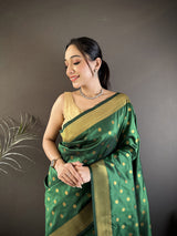 Dista Elora Green Lichi Silk Peacock & Floral Motis Zari Weaving Paithani Saree, view 4
