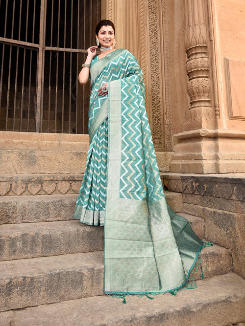 Dista Elora Green Linen Zig Zag Ikat Wedding wear Designer Saree