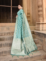 Dista Elora Green Linen Zig Zag Ikat Wedding wear Designer Saree, view 2