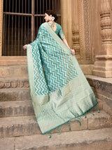 Dista Elora Green Linen Zig Zag Ikat Wedding wear Designer Saree, view 3
