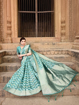Dista Elora Green Linen Zig Zag Ikat Wedding wear Designer Saree, view 4
