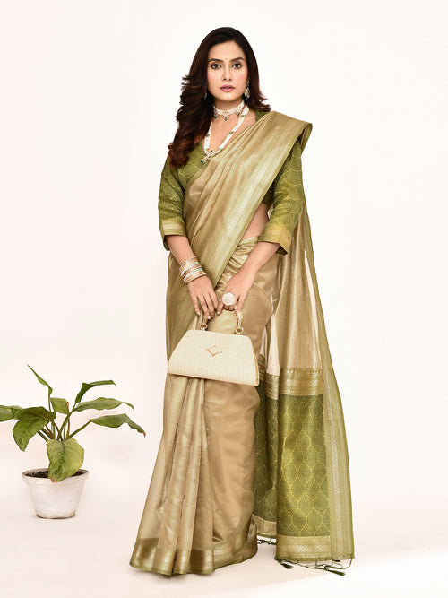 Dista Elora Green Plain Banarasi Tissue Silk Weaving Saree
