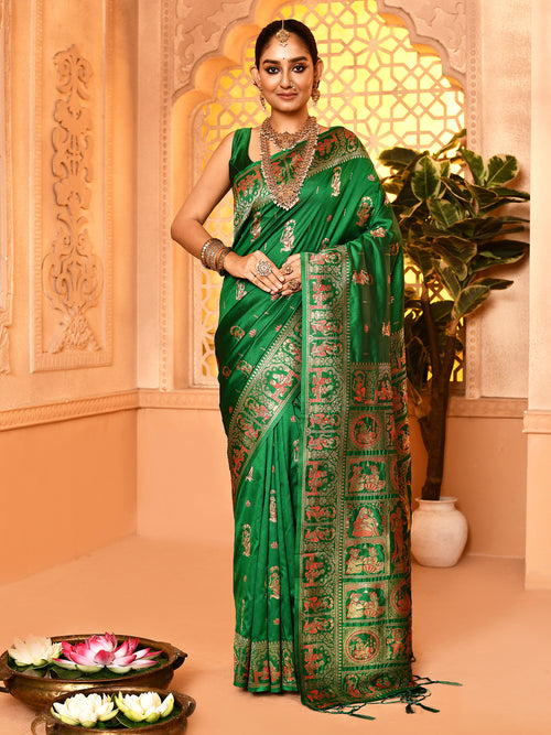 Dista Elora Green Pure Soft Silk Baluchari Weaving Saree