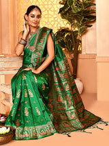 Dista Elora Green Pure Soft Silk Baluchari Weaving Saree, view 2