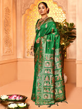 Dista Elora Green Pure Soft Silk Baluchari Weaving Saree, view 3