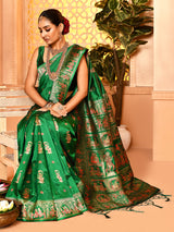 Dista Elora Green Pure Soft Silk Baluchari Weaving Saree, view 6