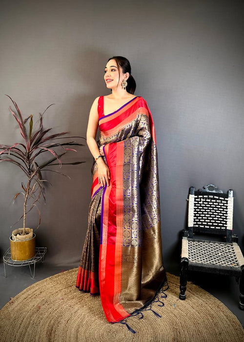 Dista Elora Green & Purple Soft Silk Zari Weaving Banarasi Saree