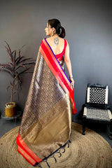 Dista Elora Green & Purple Soft Silk Zari Weaving Banarasi Saree, view 3