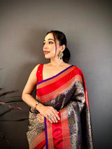 Dista Elora Green & Purple Soft Silk Zari Weaving Banarasi Saree, view 4