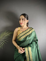 Dista Elora Green Raw Silk Zari Woven Kanjivaram Saree, view 4