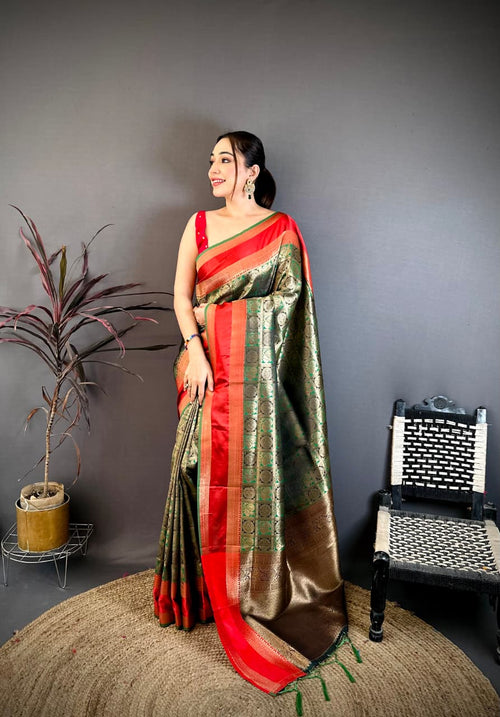 Dista Elora Green & Red Soft Silk Zari Weaving Banarasi Saree