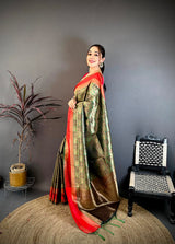 Dista Elora Green & Red Soft Silk Zari Weaving Banarasi Saree, view 2