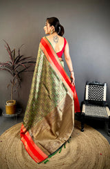 Dista Elora Green & Red Soft Silk Zari Weaving Banarasi Saree, view 3