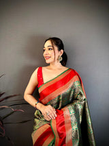 Dista Elora Green & Red Soft Silk Zari Weaving Banarasi Saree, view 5