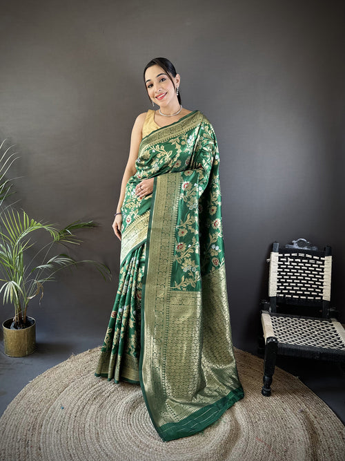 Dista Elora Green Soft Banarasi Silk Floral & Ethnic Motifs Meenakari Zari Weaving Banarasi Saree