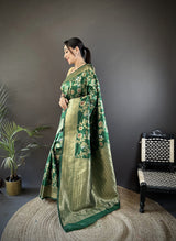 Dista Elora Green Soft Banarasi Silk Floral & Ethnic Motifs Meenakari Zari Weaving Banarasi Saree, view 2