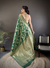Dista Elora Green Soft Banarasi Silk Floral & Ethnic Motifs Meenakari Zari Weaving Banarasi Saree, view 3