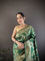 Dista Elora Green Soft Banarasi Silk Floral & Ethnic Motifs Meenakari Zari Weaving Banarasi Saree, view 4