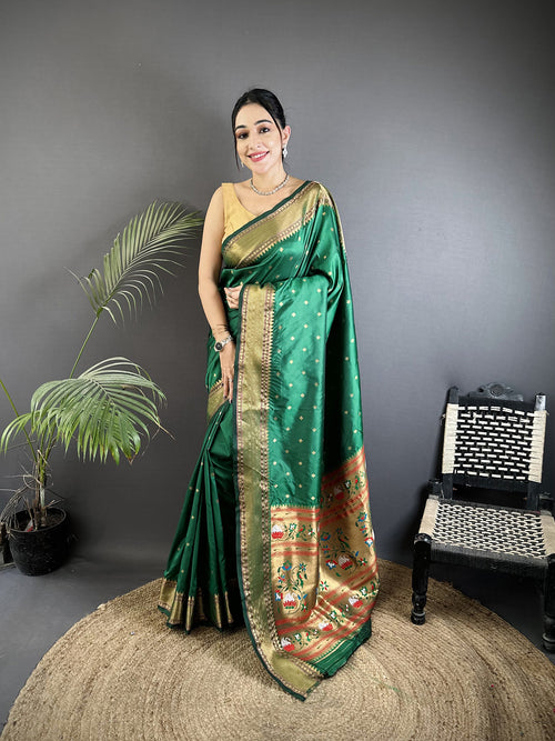 Dista Elora Green Soft Lichi Silk Butti Meenakari Work Paithani Saree