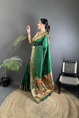 Dista Elora Green Soft Lichi Silk Butti Meenakari Work Paithani Saree, view 2