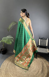 Dista Elora Green Soft Lichi Silk Butti Meenakari Work Paithani Saree, view 3