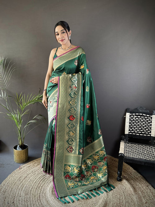 Dista Elora Green Soft Lichi Silk Elephant & Floral Motifs Minakari Work Banarasi Saree
