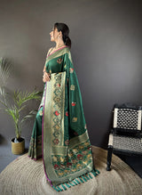 Dista Elora Green Soft Lichi Silk Elephant & Floral Motifs Minakari Work Banarasi Saree, view 2