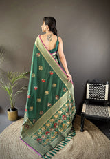 Dista Elora Green Soft Lichi Silk Elephant & Floral Motifs Minakari Work Banarasi Saree, view 3