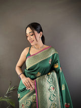Dista Elora Green Soft Lichi Silk Elephant & Floral Motifs Minakari Work Banarasi Saree, view 4
