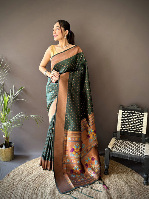 Dista Elora Green Soft Lichi Silk Jacquard Butti Zari Weaving Paithani Saree