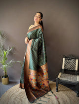 Dista Elora Green Soft Lichi Silk Jacquard Butti Zari Weaving Paithani Saree, view 2