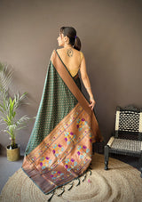 Dista Elora Green Soft Lichi Silk Jacquard Butti Zari Weaving Paithani Saree, view 3