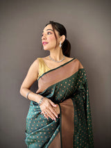 Dista Elora Green Soft Lichi Silk Jacquard Butti Zari Weaving Paithani Saree, view 4