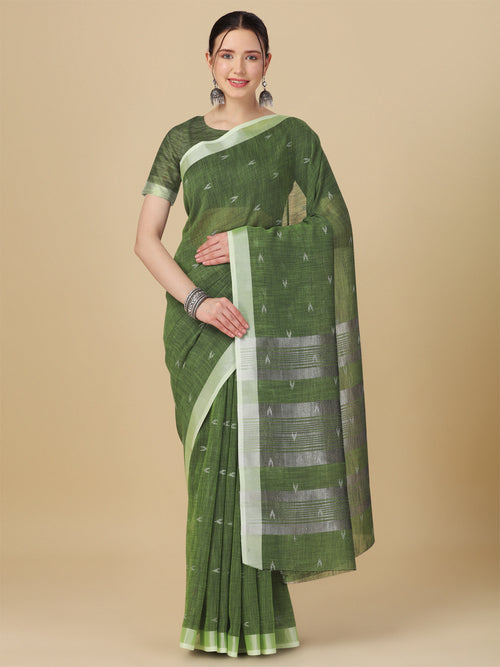 Dista Elora Green Soft Linen Butti Printed Bhagalpuri Office & Workplace Attire Saree