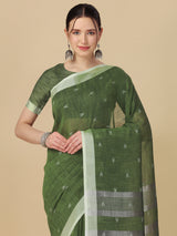 Dista Elora Green Soft Linen Butti Printed Bhagalpuri Office & Workplace Attire Saree, view 2