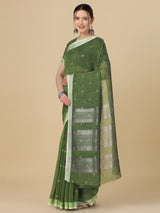 Dista Elora Green Soft Linen Butti Printed Bhagalpuri Office & Workplace Attire Saree, view 3