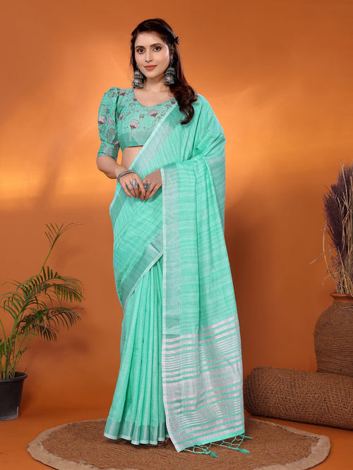 Dista Elora Green Soft Linen Solid Foil Printed Designer Casual Saree
