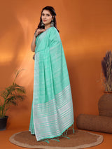 Dista Elora Green Soft Linen Solid Foil Printed Designer Casual Saree, view 2