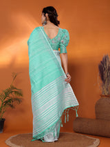 Dista Elora Green Soft Linen Solid Foil Printed Designer Casual Saree, view 3